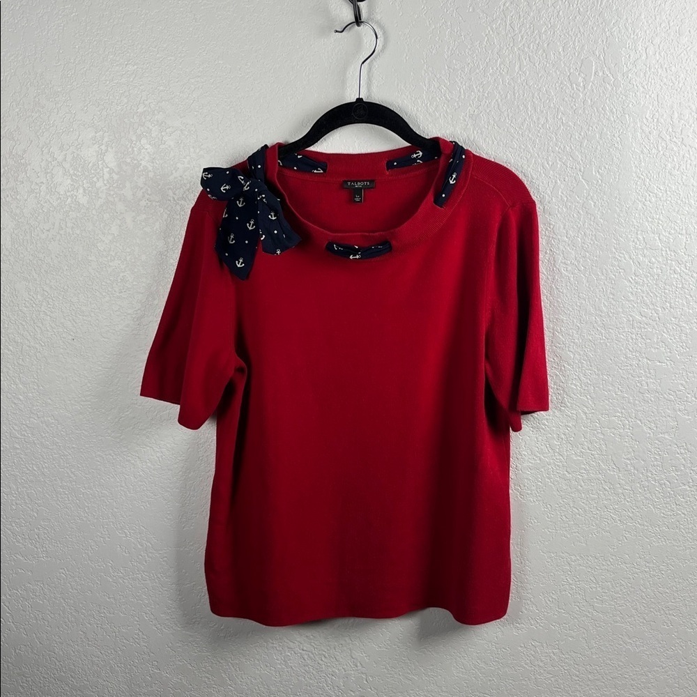 LP Talbots Red Blue White Short Sleeve Nautical Knit Pullover Sweater Shirt